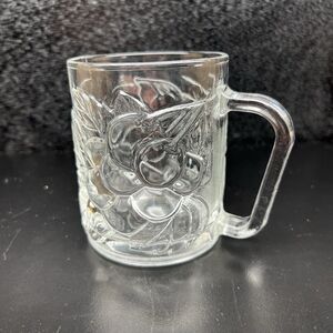 Vintage KIG Indonesia Clear Glass Mug Raised Grape Vine Fruit Design 4”